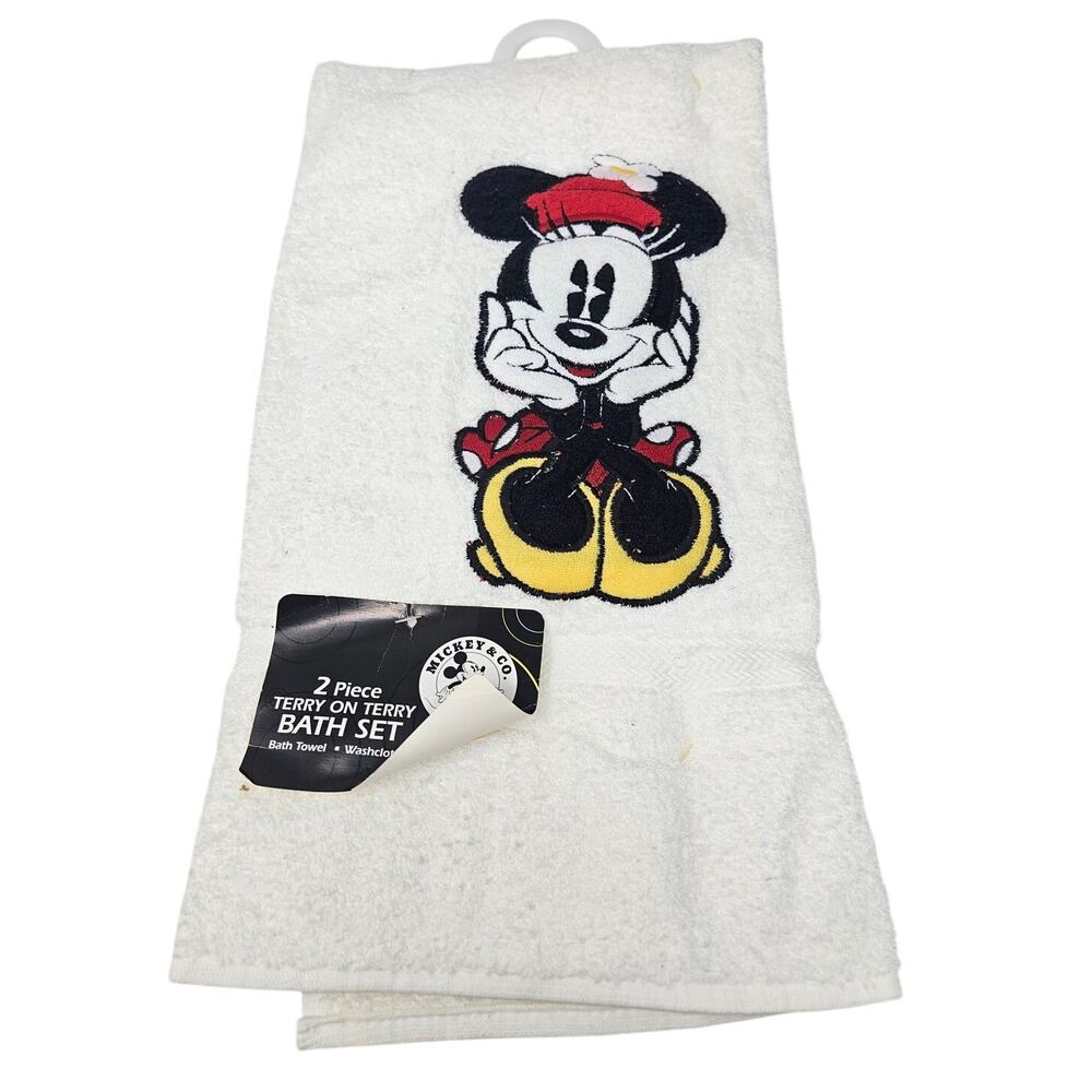 Vintage 90s Mickey Co 2 Piece Terry Cloth Bath Towel Wash Cloth Minnie Mouse
